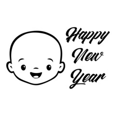 Banner con frase Happy New Year manuscrito con cara de bebé sonriendo en color negro