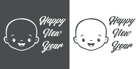 Banner con frase Happy New Year manuscrito con cara de bebé sonriendo en fondo gris y fondo blanco