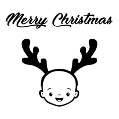 Banner con frase Merry Christmas manuscrito con cara de bebé con diadema de cornamenta de reno en color negro