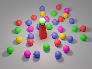 Leadership. Conceptual image of a leader and subordinates. Business teamwork. Colorful balloons.