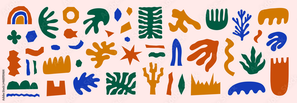 Poster inspired matisse set with colorful cutting organic shapes and objects. modern creative minimal desig