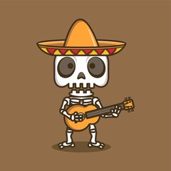 cute cartoon skull character playing mexican style guitar. vector illustration for mascot logo or sticker