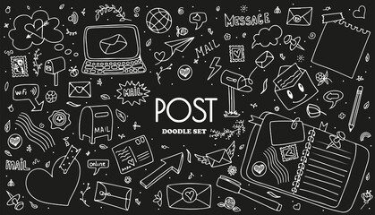 A set of vector mail doodles. Icons with paper envelopes, letters, email. A children s notebook in a cage with drawings of postal items. Hand-drawn elements for email