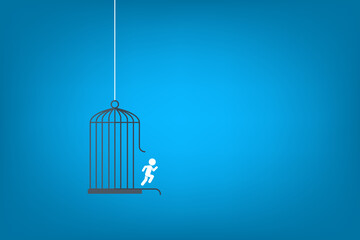 Fototapeta na wymiar Running man and cage. Freedom concept. Emotion of freedom and happiness. Minimalist style. 