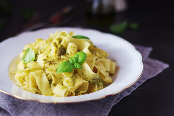 Tagliatelle pasta with pesto sauce	