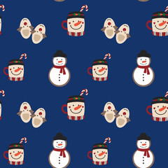 Smart Seamles Christmas background with cute snowmen, Christmas cups and reindeer slippers