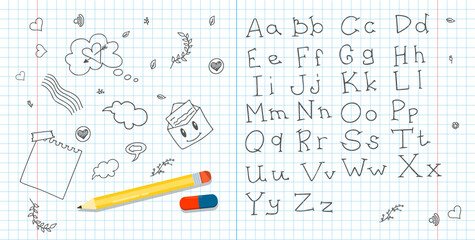 Vector handwritten font. Sketch with the English alphabet. Isolated large and small doodle letters. A notebook in a cage with a pencil and handwritten letters