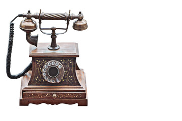 front view Antique Telephone on white background, technology, vintage, copy space