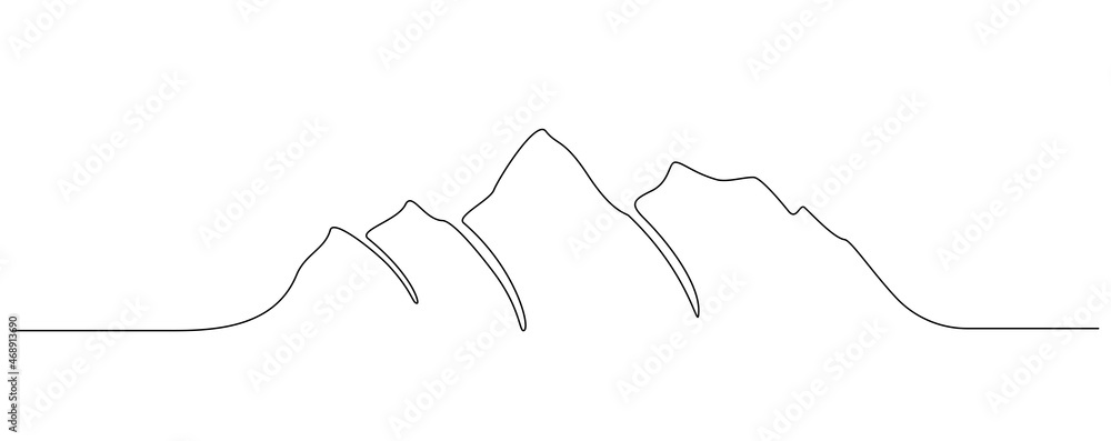 Poster One continuous line drawing of mountain range landscape. Top view of mounts in simple outline style. Adventure hiking and winter sports concept isolated on white background. Doodle vector illustration