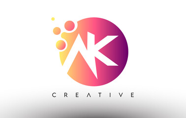 AK Dots Bubbles Letters in a Circle. AK Letter Design Logo with Purple Orange Colors Vector