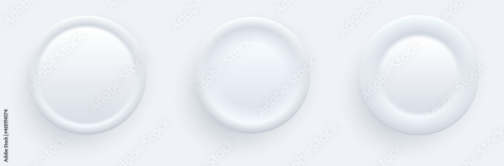 Poster white buttons for user interface, simple circle 3d modern design for mobile, web, social media, busi