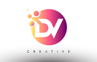 DV Dots Bubbles Letters in a Circle. DV Letter Design Logo with Purple Orange Colors Vector