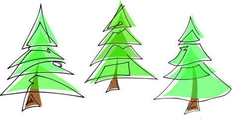 Modern New year tree one lines Decorative set for your design. Vector isolated element. black line green spot Eps 10