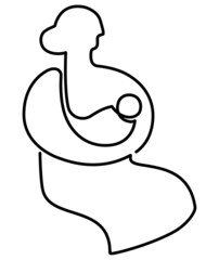 Seated woman with a baby in her arms. Continuous line drawing. Flat design. Vector illustration.