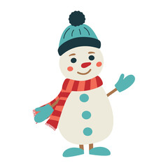 Snowman in a knitted hat, scarf, mittens and shoes