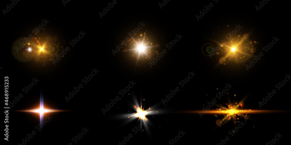 Poster realistic collection of bright light effects, sparkling stars on a transparent background. vector