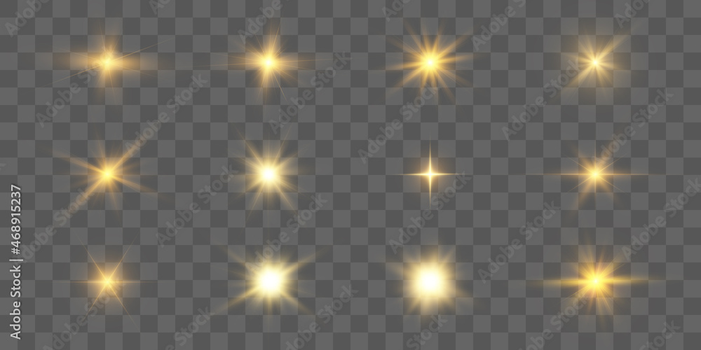 Poster realistic collection of bright light effects, sparkling stars on a transparent background. vector