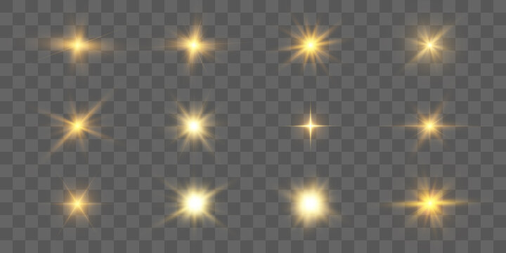 Realistic collection of bright light effects, sparkling stars on a transparent background. Vector