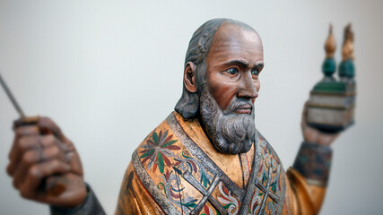 Wooden sculpture of St Nicholas, circa 17th century. Russia, Perm