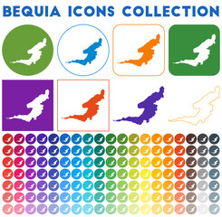 Obraz premium Bequia icons collection. Bright, colorful, trendy map icons. Modern Bequia badge with island map. Vector illustration.