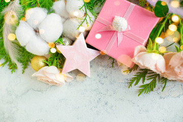 Christmas composition. Pink christmas gifts, fir branches Christmas, new year concept, winter concept