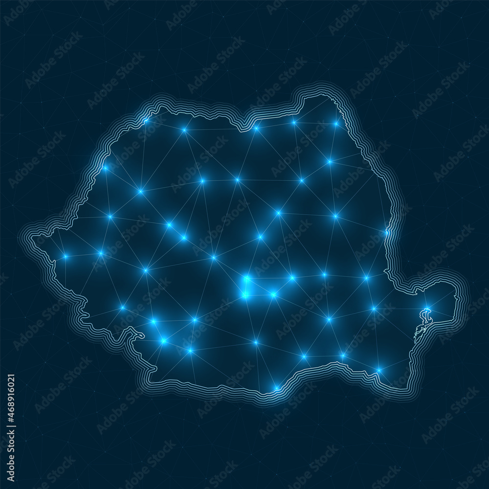 Poster romania network map. abstract geometric map of the country. digital connections and telecommunicatio