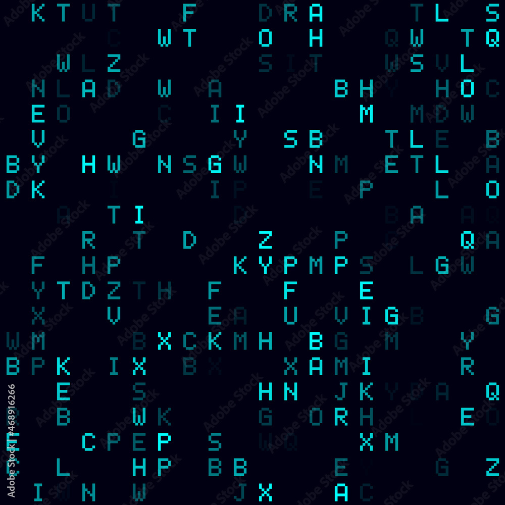 Poster futuristic tech background. cyan sparse alphabet letters background. small sized seamless pattern. c