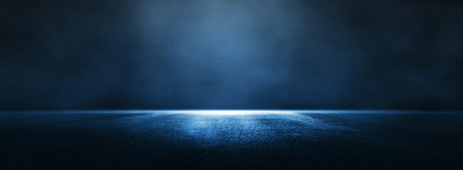 Asphalt blue dark street with smoke. Interior texture for display products wall.	
