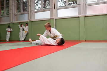 Two judo fighters showing technical skill while practicing martial arts in a fight club. The two...