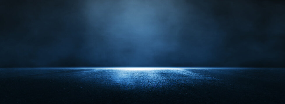 Asphalt blue dark street with smoke. Interior texture for display products wall.	