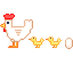 Obraz premium Pixel Illustration of chicken,chicks, egg