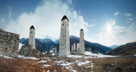 Battle towers Erzi in the Jeyrah gorge, Republic of Ingushetia - 468917060