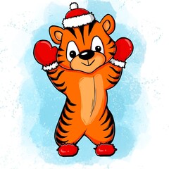 Cute tiger with big eyes in Santa cap, mittens and boots on blue background. Christmas illustration for designers, book publishers, for printing on T-shirts, fabrics, phone covers, posters, postcards.