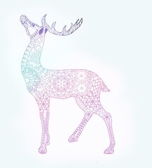 Beautiful hand drawn boho style, nature Christmas deer for adult anti stress Coloring Page in gradient colors over white background.