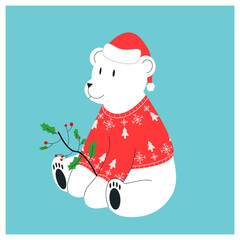 Vector illustration. Cute christmas polar bear with mistletoe. llustration for posters, cards, stickers and notebook covers design.
