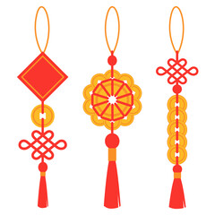 A network of Chinese amulets with coins. Set