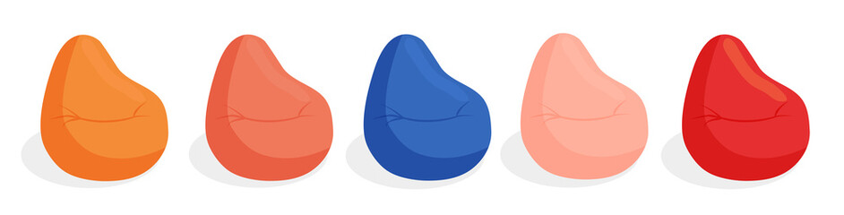Fototapeta premium Set of soft pillows, pouf for sitting isolated on a white background. Comfortable fluffy seat, beanbag, upholstered furniture, flexible seat. Vector illustration in flat style. Collection.