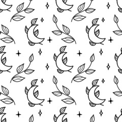 Delicate pattern with crescent moon and  branches. Black and white © Polina