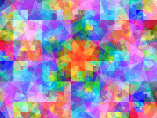 Composición de arte digital abstracto consistente en manchas geométricas coloridas y difuminadas formando un mosaico de figuras translúcidas en tonos pastel.