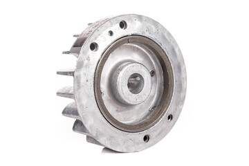 aluminum flywheel on white background, new engine part