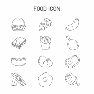 Food icon set, symbol, black outline, 12 icons, vector, illustration.
