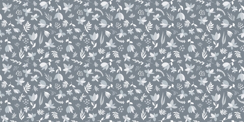 Seamless ditsy floral pattern in dusty blue and silver gray. 