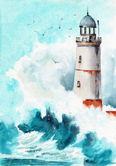 Watercolor illustration of a lighthouse in a stormy blue sea, with crashing waves, white sea foam and splashing water
