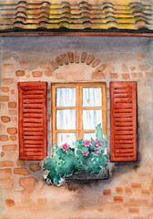 Watercolor illustration of the facade of a brick house with a tiled roof, a window with white curtains and red shutters and a pot of flowers underneath