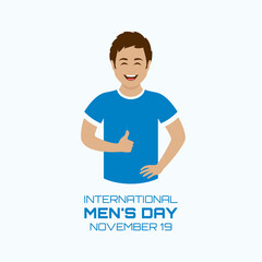 International Mens Day vector. Happy young man with thumb up vector. Cheerful man in casual blue t-shirt icon. Mens Day Poster, November 19. Important day