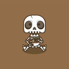 cute cartoon skull character eating ramen noodles. vector illustration for mascot logo or sticker