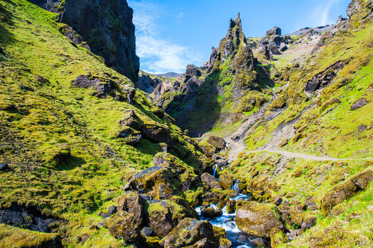 Beautiful rock formations of Thakgil canyon in Iceland