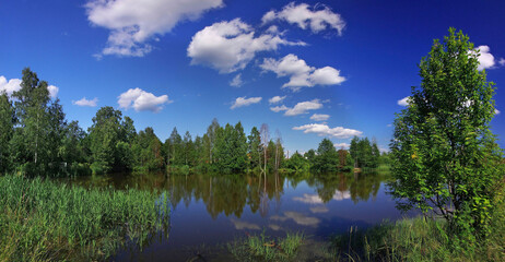 A lake in the forest with bright blue sky and clouds reflecting in water