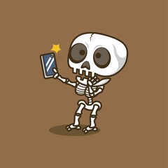 cute cartoon skull character taking selfie. vector illustration for mascot logo or sticker