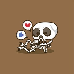 cute cartoon skull character playing social media on mobile. vector illustration for mascot logo or sticker